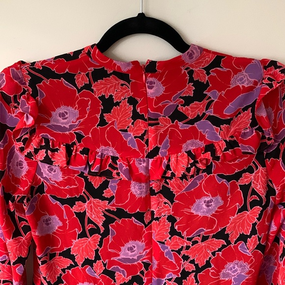 WHO WHAT WEAR purple red black floral ruffle hem dress SZ XS covered buttons - Picture 8 of 14